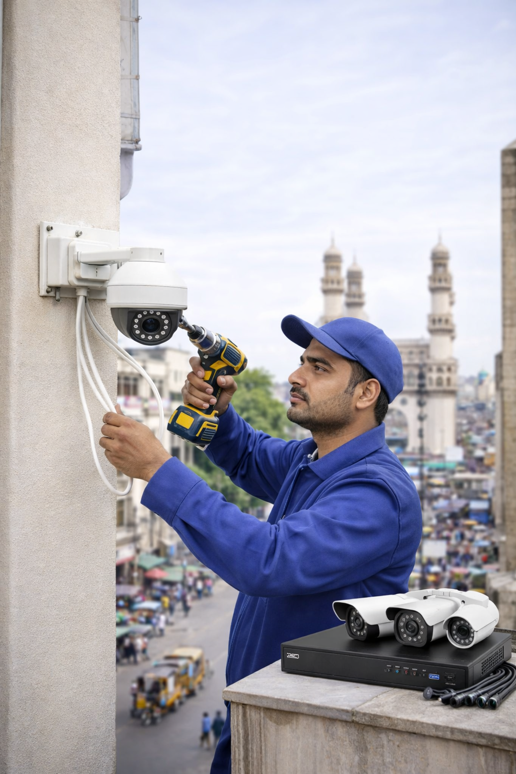 Technician installing CCTV near Charminar Technician installing CCTV near Charminar
