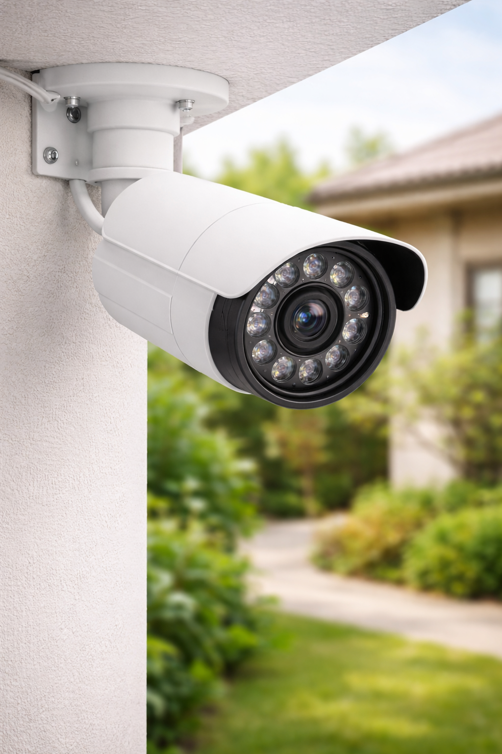 Technician installing security camera in mall
