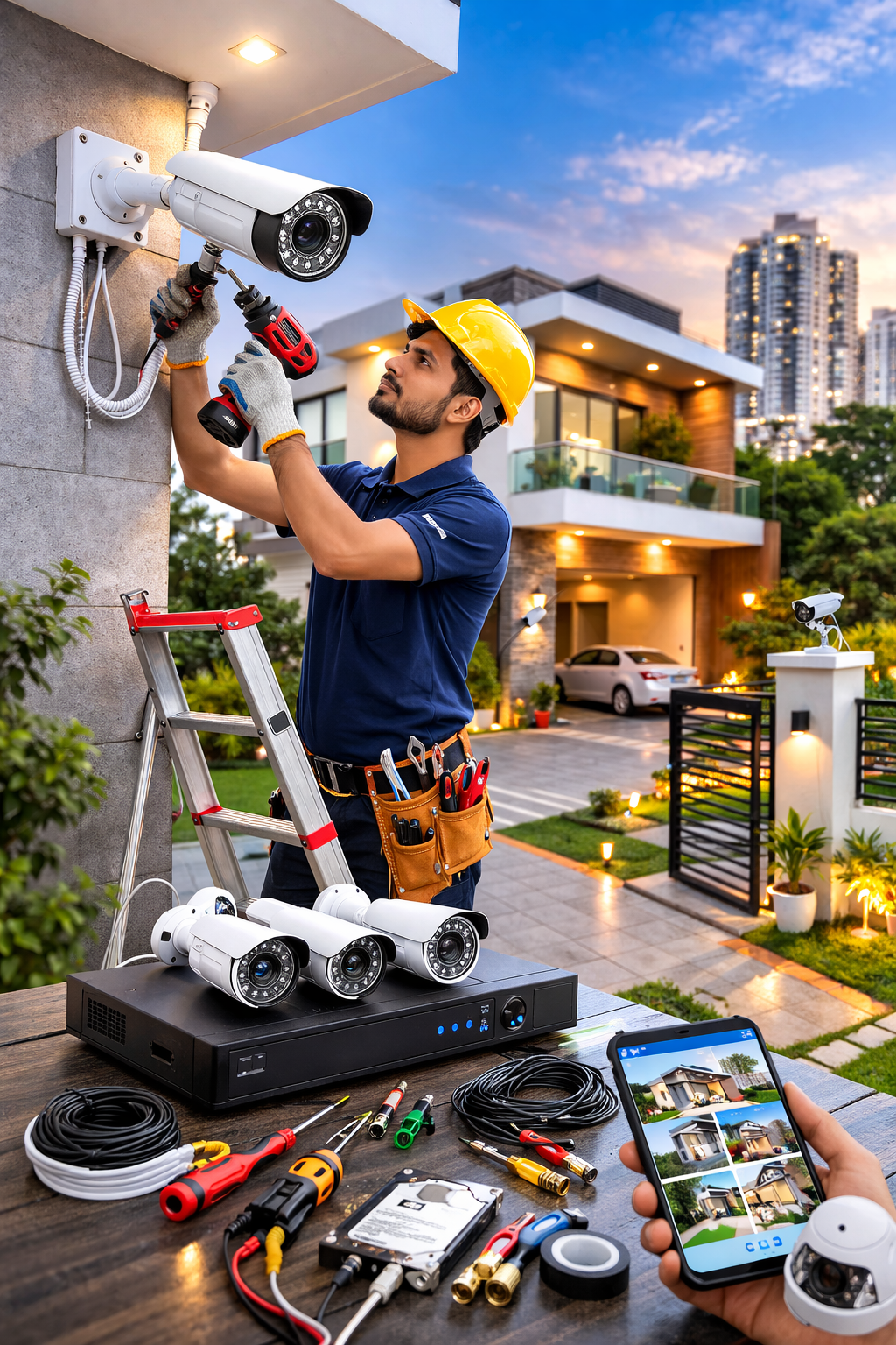 Technician installing security camera in mall