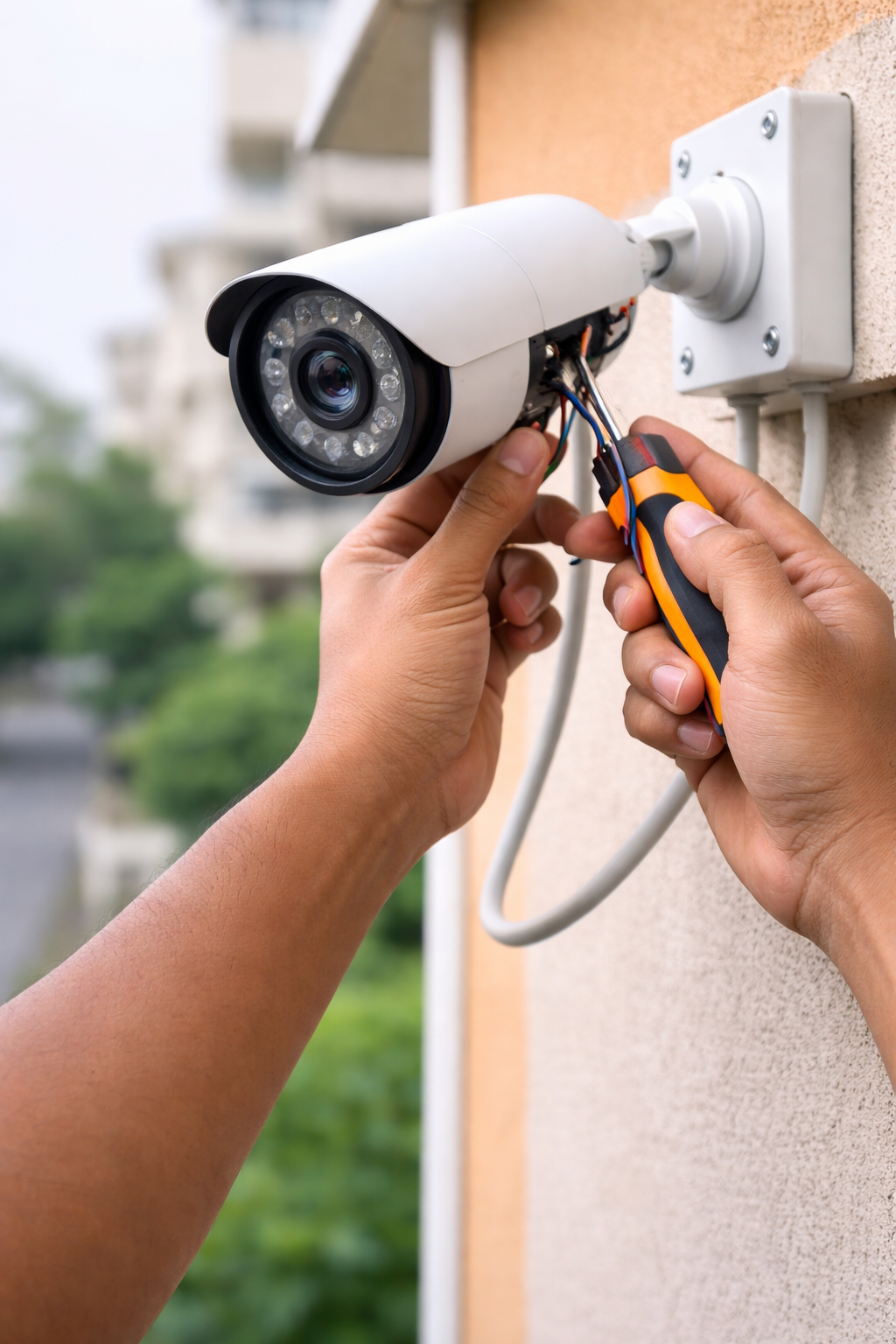Technician repairs CCTV camera outdoors